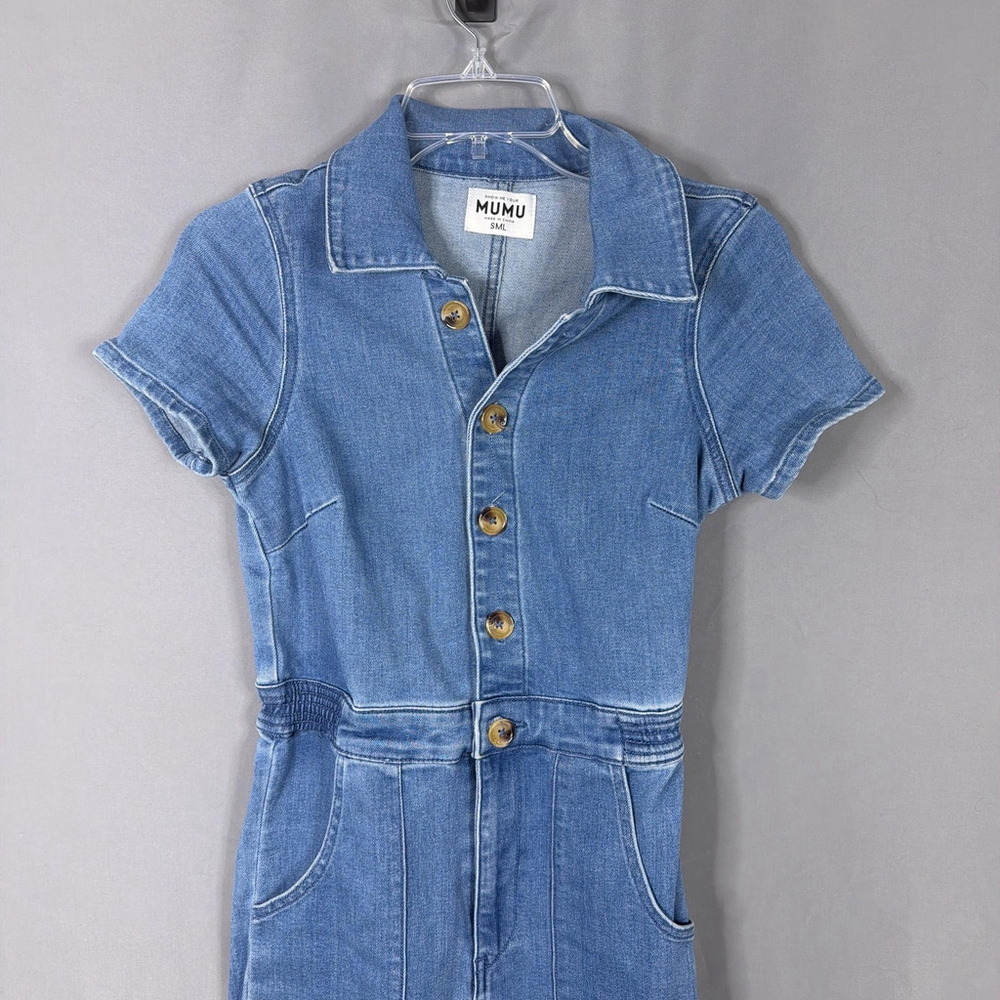 Show Me Your MuMu Medium Blue Denim Short-Sleeve Jumpsuit - Picture 8 of 13